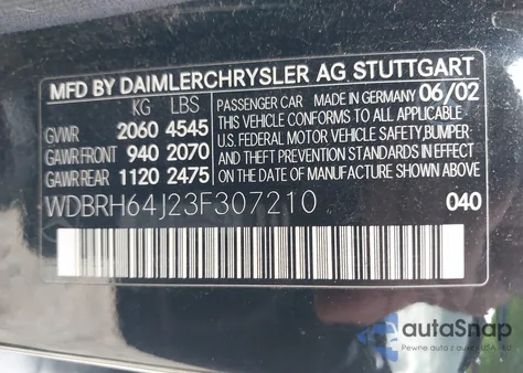 2003 Mercedes-Benz C 320 from USA, damaged, VIN WDBRH64J23F307210